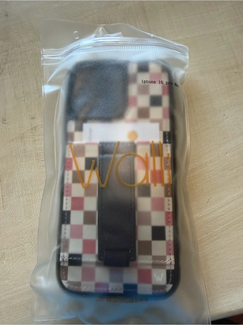 Checkered Cardholder Phone Case with Hand Strap in Pink & Brown